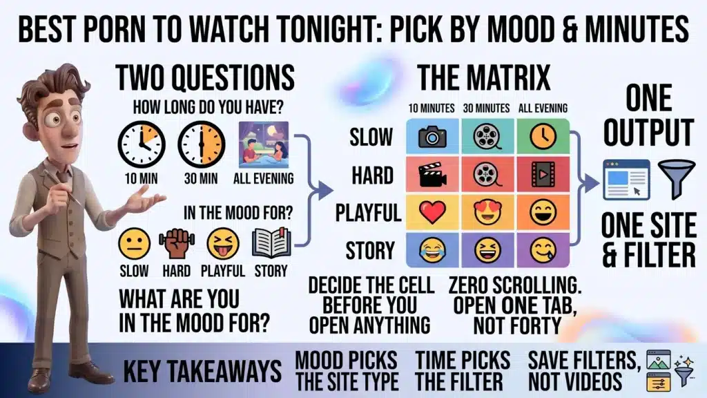 PornPlanner character presenting a matrix of time slots and moods that leads to one site and one filter
