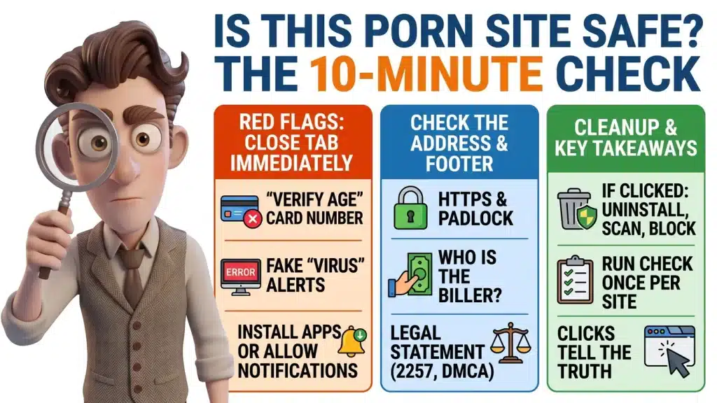 Is this porn site safe? The 10-minute check: red flags that mean close the tab, the address and footer checks, and the cleanup steps