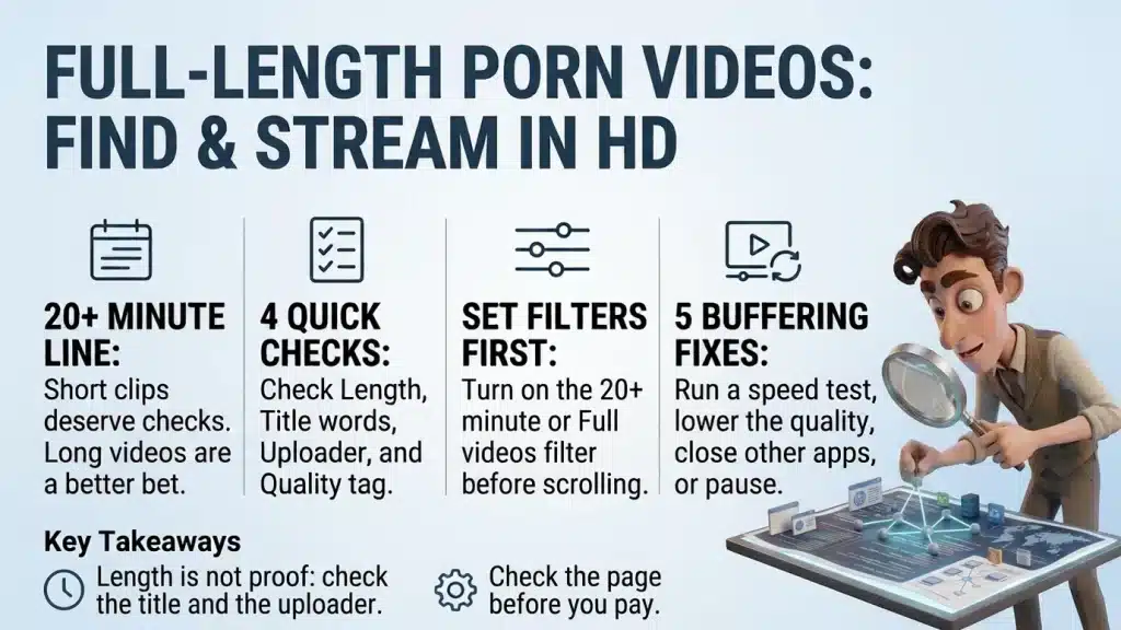 Cover for Full-Length Porn Videos: a cartoon guide with a magnifying glass over a desk map of sites, with tips on the 20+ minute line, four quick checks, filters and five buffering fixes
