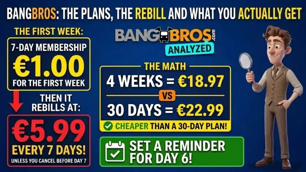 BangBros logo with a cartoon man holding a magnifying glass, beside the 1.00 euro first week, the 5.99 euro rebill every 7 days, the math of 4 weeks at 18.97 euros against 30 days at 22.99 euros, and a reminder to set an alert for day 6