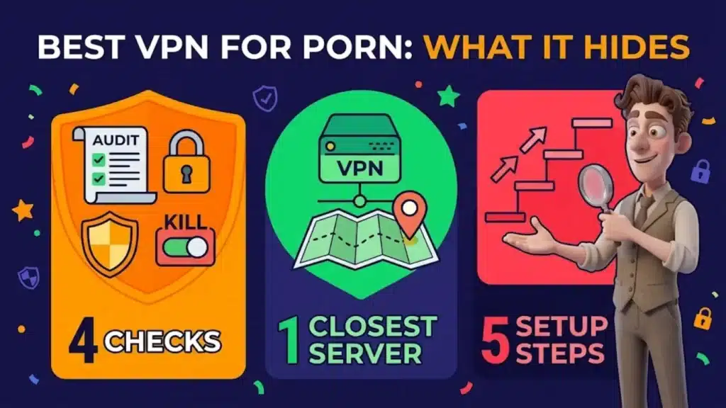 Cover for Best VPN for Porn: What It Hides, with blocks reading 4 checks, 1 closest server and 5 setup steps