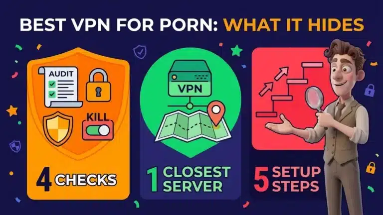Cover for Best VPN for Porn: What It Hides, with blocks reading 4 checks, 1 closest server and 5 setup steps