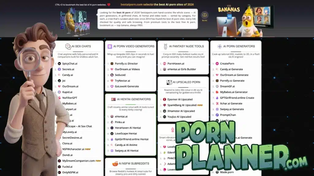 PornPlanner detective with a magnifying glass over the BestAIPorn home page and its AI category lists
