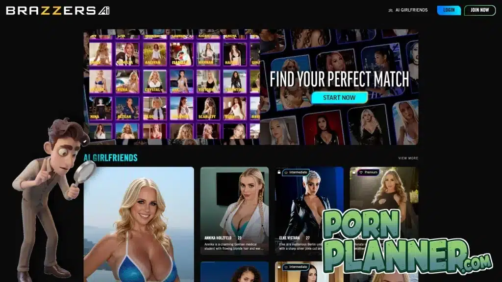 Cartoon private eye studying the Brazzers AI home page through a magnifying glass, with the PornPlanner logo in the corner