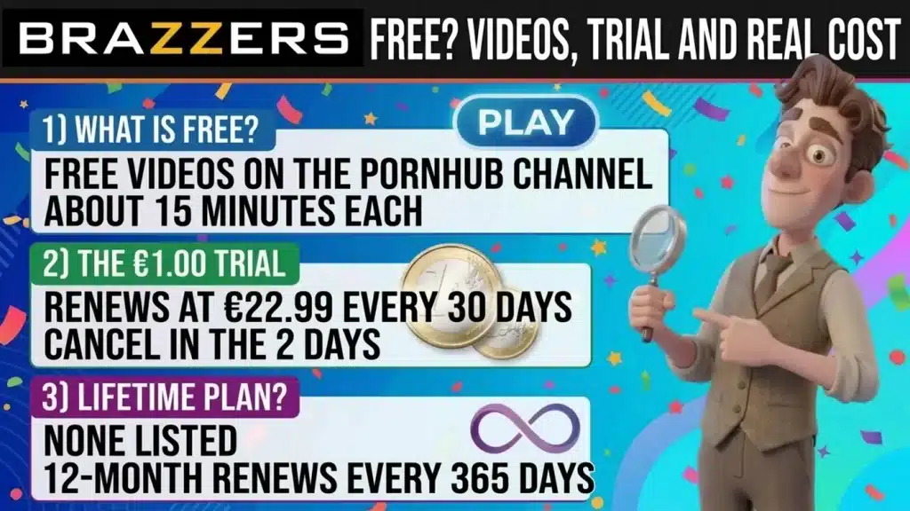 Brazzers logo under the headline Free? Videos, trial and real cost, and a cartoon man with a magnifying glass beside three panels: free videos of about 15 minutes on the Pornhub channel, the 1.00 euro trial that renews at 22.99 euros every 30 days, and no lifetime plan listed, with the 12-month plan renewing every 365 days