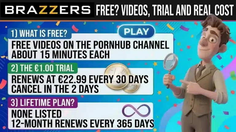 Brazzers logo under the headline Free? Videos, trial and real cost, and a cartoon man with a magnifying glass beside three panels: free videos of about 15 minutes on the Pornhub channel, the 1.00 euro trial that renews at 22.99 euros every 30 days, and no lifetime plan listed, with the 12-month plan renewing every 365 days