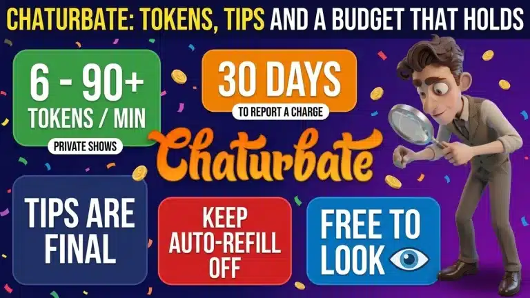 Chaturbate logo in the center of colored cards: private show rates from 6 to 90+ tokens per minute, 30 days to report a charge, tips are final, keep auto-refill off and free to look, with a cartoon character holding a magnifying glass