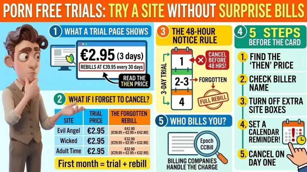 Illustrated cover titled Porn Free Trials: Try a Site Without Surprise Bills, with panels for what a trial page shows (2.95 euros for 3 days), what happens if you forget to cancel, the 48-hour notice rule, who bills you and 5 steps before the card, next to the PornPlanner character