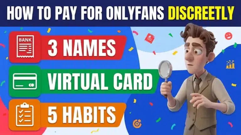 Illustrated cover titled How to Pay for OnlyFans Discreetly, with three labels reading 3 Names, Virtual Card and 5 Habits, and the PornPlanner character holding a magnifying glass