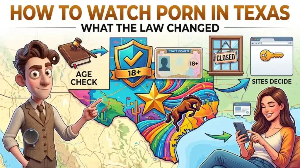 Cover for how to watch porn in Texas: a colorful Texas map with an 18+ shield, an ID card, a closed sign and a viewer on a phone, next to the PornPlanner character