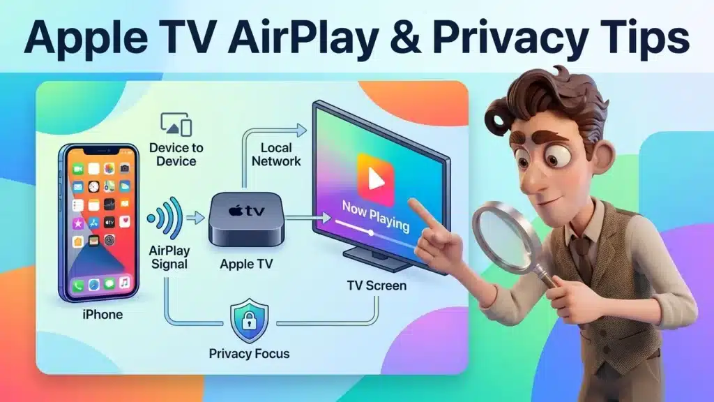 Illustrated cover titled Apple TV AirPlay and Privacy Tips: an iPhone sends an AirPlay signal to an Apple TV and a TV screen showing Now Playing, with a privacy shield and the PornPlanner character pointing with a magnifying glass