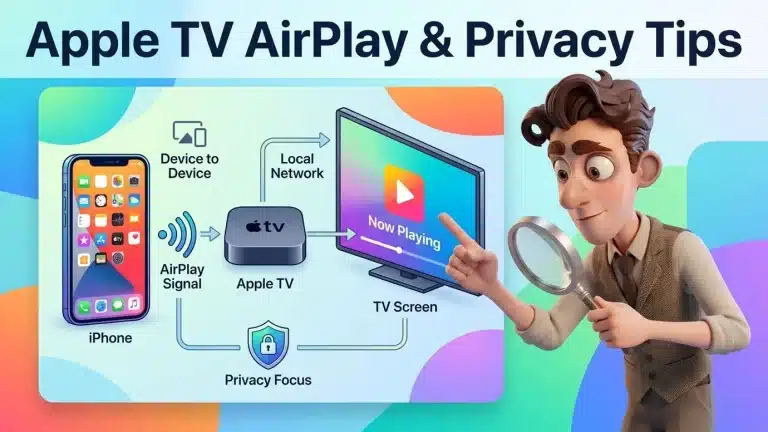 Illustrated cover titled Apple TV AirPlay and Privacy Tips: an iPhone sends an AirPlay signal to an Apple TV and a TV screen showing Now Playing, with a privacy shield and the PornPlanner character pointing with a magnifying glass