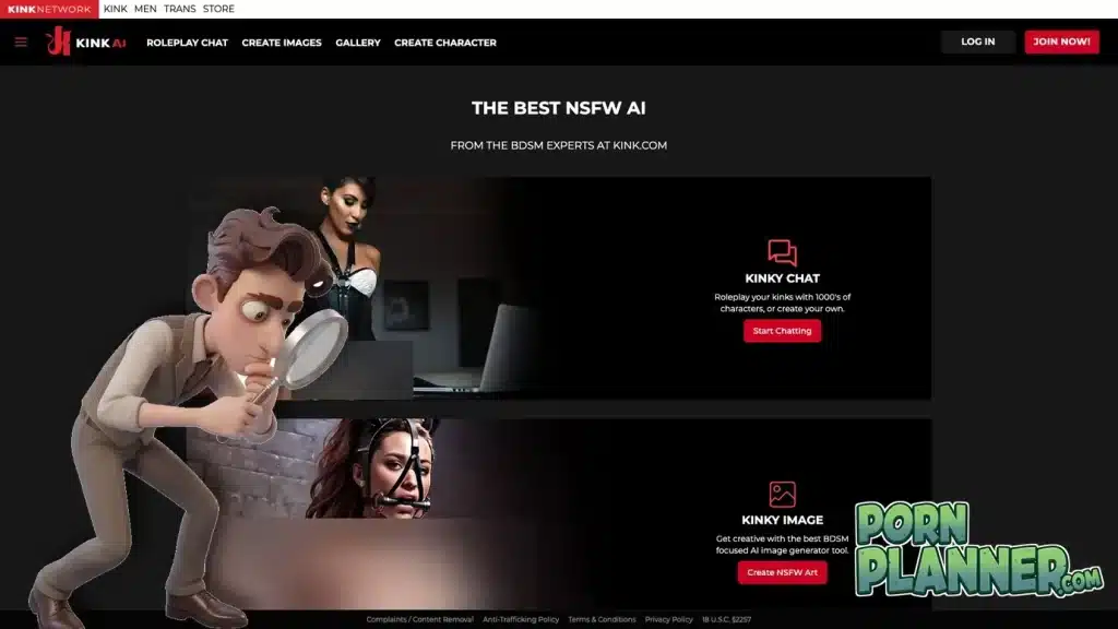 Cartoon private eye with a magnifying glass on the left of the Kink AI home page, with the PornPlanner logo in the corner