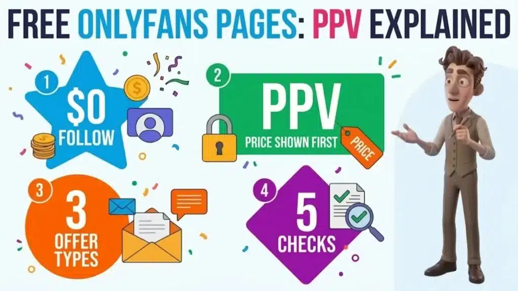 Illustrated cover titled Free OnlyFans Pages: PPV Explained, with four numbered badges reading 0 dollars to follow, PPV with the price shown first, 3 offer types and 5 checks, next to the PornPlanner character