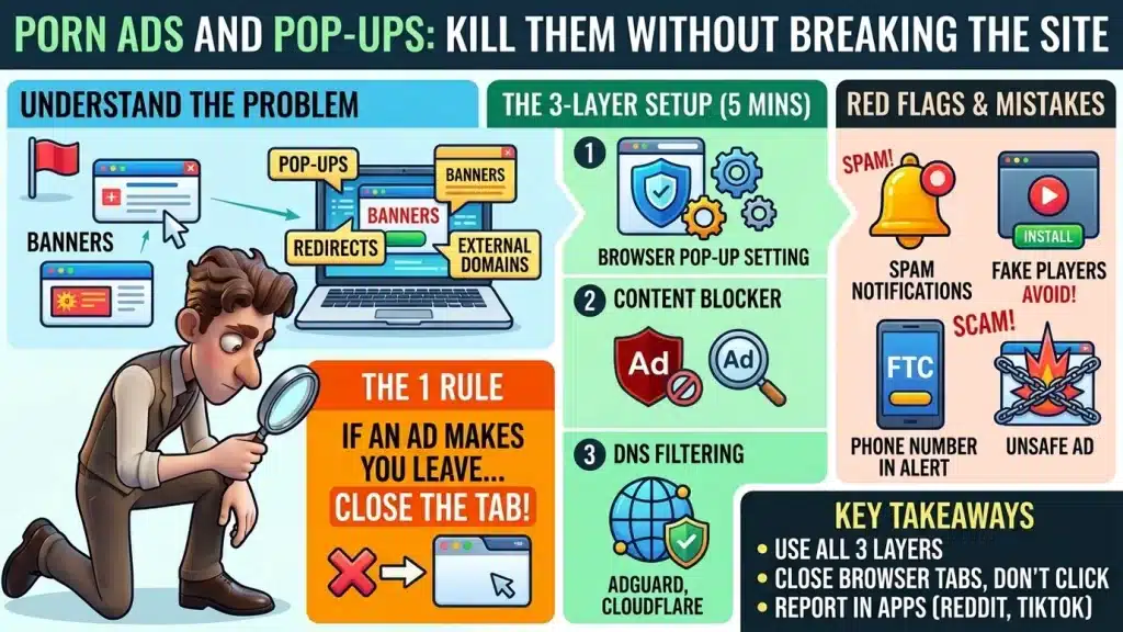 Cover infographic: Porn ads and pop-ups, kill them without breaking the site, with a 3-layer setup, red flags, key takeaways and the PornPlanner character crouching with a magnifying glass