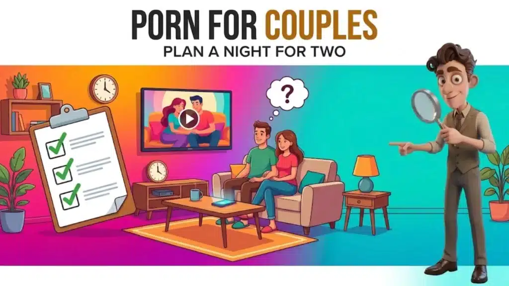 Porn for Couples: Plan a Night for Two, a couple on a sofa in front of a TV next to a checklist and the PornPlanner character