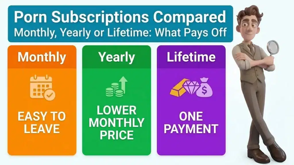 Cover for Porn Subscriptions Compared: Monthly, Yearly or Lifetime: What Pays Off, with a cartoon guide holding a magnifying glass beside three colored blocks labeled Monthly, Yearly and Lifetime
