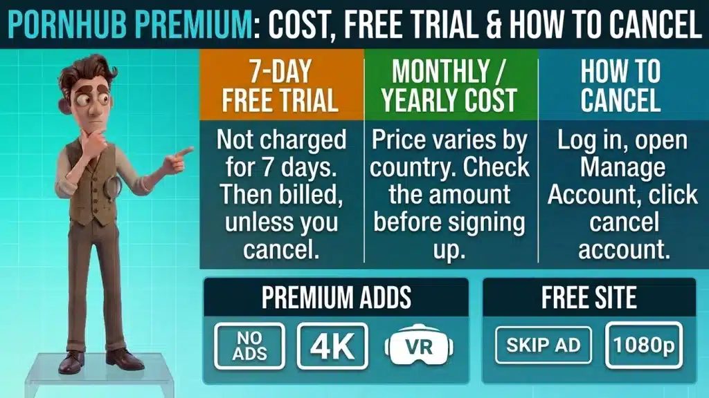 Cover for Pornhub Premium: Cost, Free Trial and How to Cancel, with a cartoon guide beside three colored columns on the 7-day free trial, monthly and yearly cost, and how to cancel, plus icons for no ads, 4K, VR, skip ad and 1080p