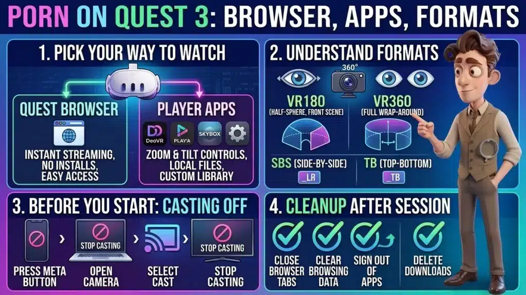 Infographic titled Porn on Quest 3: Browser, Apps, Formats, with four panels on the Quest Browser, player apps, 180 and 360 formats, turning casting off and cleanup, and a cartoon character pointing at them