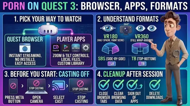 Infographic titled Porn on Quest 3: Browser, Apps, Formats, with four panels on the Quest Browser, player apps, 180 and 360 formats, turning casting off and cleanup, and a cartoon character pointing at them
