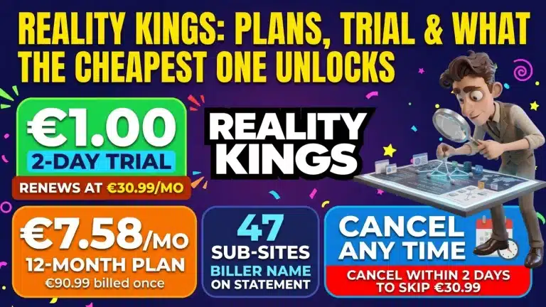 Reality Kings logo with a cartoon man studying a map with a magnifying glass, beside the 1.00 euro 2-day trial that renews at 30.99 euros, the 12-month plan at 7.58 euros a month, 47 sub-sites and how to cancel