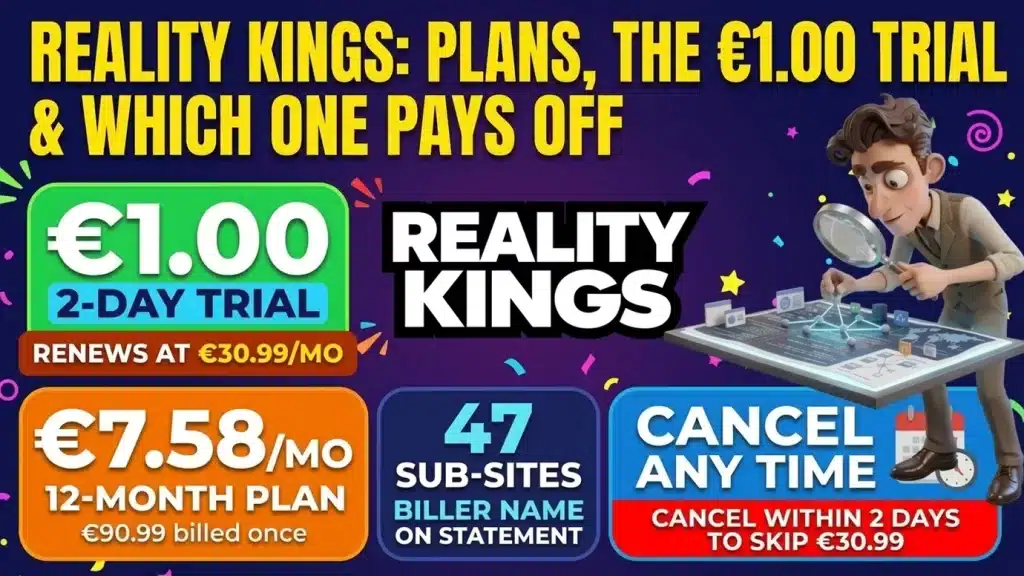 The Reality Kings name in large white letters under the headline Plans, the 1.00 euro trial and which one pays off, and a cartoon man studying a map with a magnifying glass, beside the 1.00 euro 2-day trial that renews at 30.99 euros, the 12-month plan at 7.58 euros a month, 47 sub-sites and cancel any time