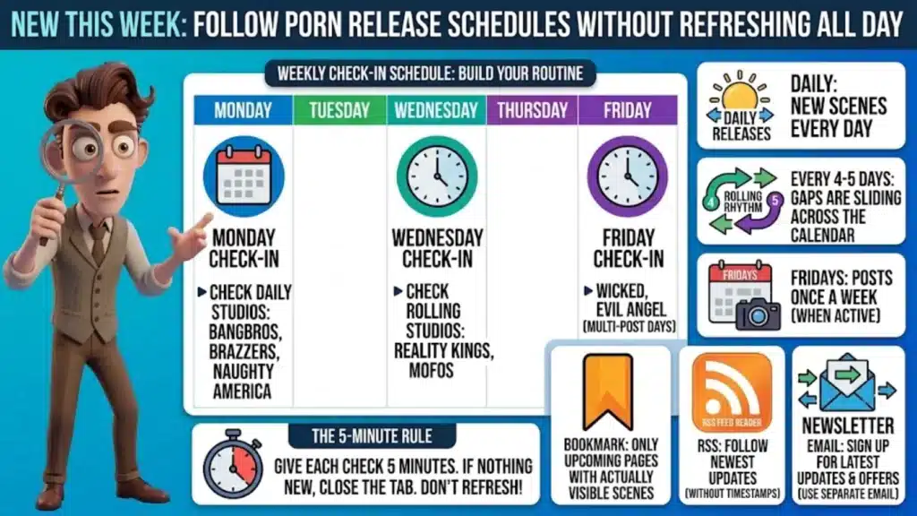 Weekly check-in calendar for following porn release schedules, with Monday, Wednesday and Friday checks, RSS and newsletter icons, and the 5-minute rule