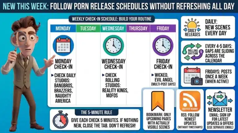Weekly check-in calendar for following porn release schedules, with Monday, Wednesday and Friday checks, RSS and newsletter icons, and the 5-minute rule