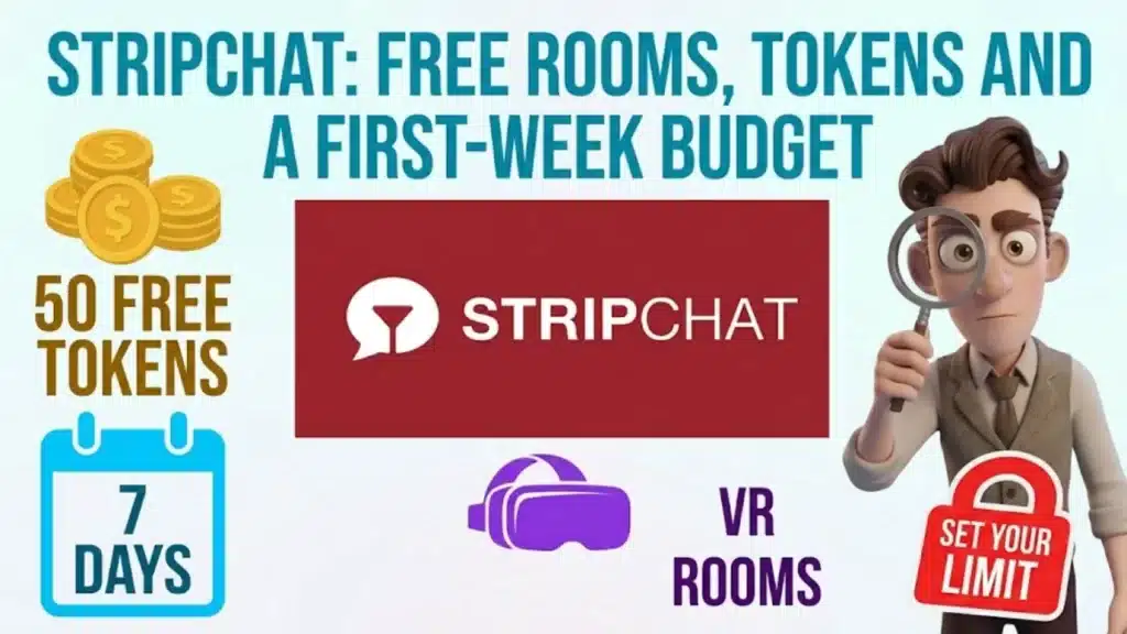 Stripchat logo at the center of an illustrated cover, with a cartoon man inspecting it through a magnifying glass, surrounded by token coins, a 7-day calendar, a VR headset and a padlock
