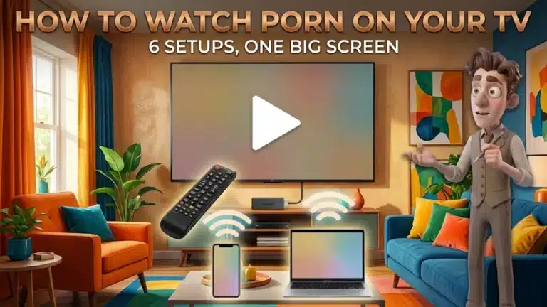 Cover for how to watch porn on your TV: a living room with a big TV, a phone and a laptop sending Wi-Fi waves to it, and the PornPlanner character presenting