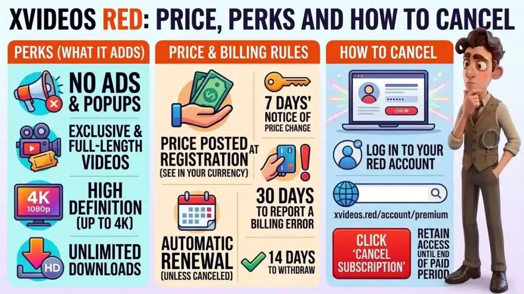 Infographic cover with the XVideos Red title, three panels on perks, price and billing rules (including 14 days to withdraw), and how to cancel, and a thinking character holding a magnifying glass