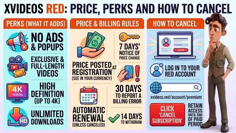 Infographic cover with the XVideos Red title, three panels on perks, price and billing rules (including 14 days to withdraw), and how to cancel, and a thinking character holding a magnifying glass
