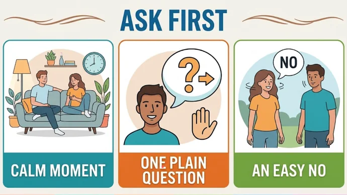 Infographic titled Ask first: three cards labeled Calm moment, One plain question and An easy no, with a couple on a sofa, a person with a question bubble and a raised hand, and a person saying no