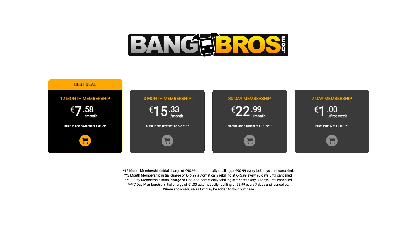 BangBros logo above four plan cards: a 12-month membership at 7.58 euros a month marked Best Deal, a 3-month membership at 15.33 euros, a 30-day membership at 22.99 euros and a 7-day membership at 1.00 euro for the first week, with renewal footnotes underneath