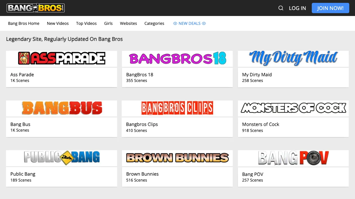 BangBros Websites page with logo tiles for Ass Parade, BangBros 18, My Dirty Maid, Bang Bus, Bangbros Clips, Monsters of Cock, Public Bang, Brown Bunnies and Bang POV, each with its scene count