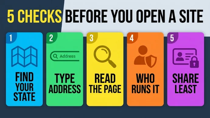 Infographic titled 5 checks before you open a site: five numbered cards reading Find your state, Type address, Read the page, Who runs it and Share least