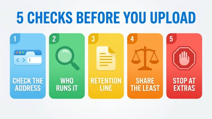 Infographic titled 5 checks before you upload: check the address, find who runs the check, look for the retention line, share the least and stop at anything extra