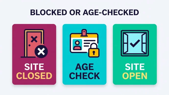 Infographic titled Blocked or age-checked: three cards reading Site closed, Age check and Site open