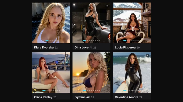 Six Brazzers AI profile photos side by side: Klara Dvorska, Gina Lucenti, Lucia Figueroa, Olivia Renley, Ivy Sinclair and Valentina Amore