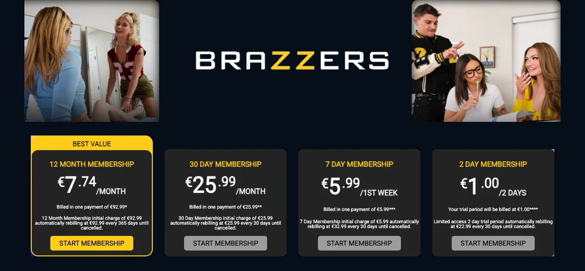 Brazzers logo between two scene photos above its four membership cards: 12 months at €7.74 a month, 30 days at €25.99, 7 days at €5.99 for the first week and 2 days at €1.00, each with its renewal line in small print