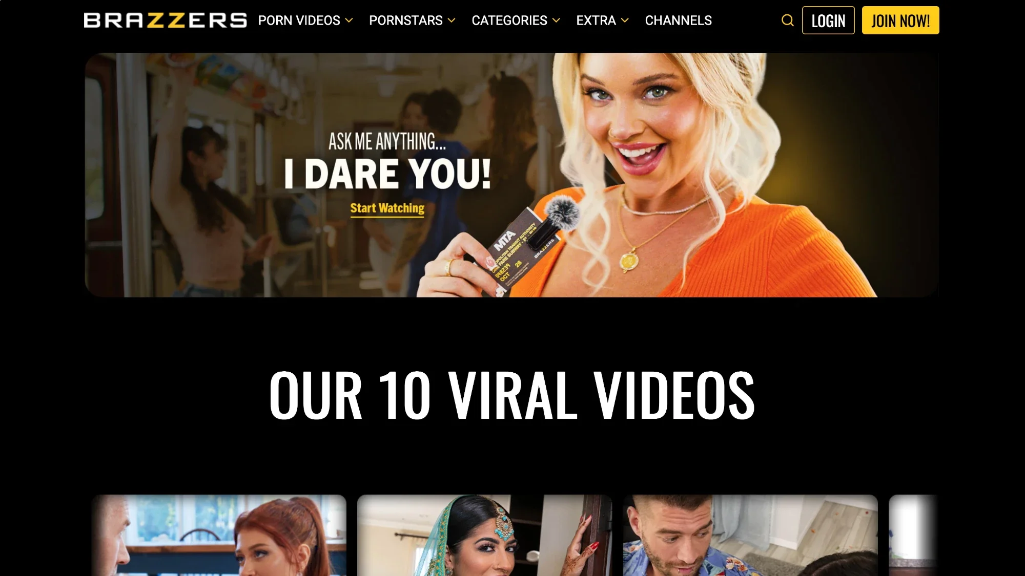 Brazzers front page with a row of the newest scene thumbnails