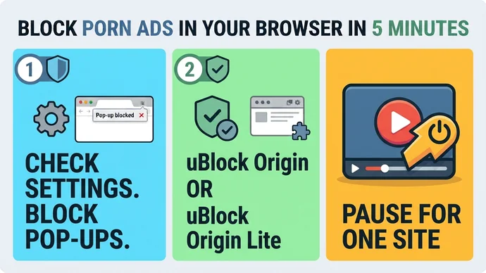 Infographic of a 5-minute browser setup in three blocks: check the pop-up setting, use uBlock Origin or uBlock Origin Lite, and pause the blocker for one site