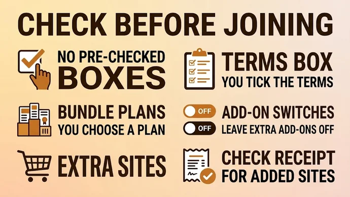 Infographic checklist for a join page: no pre-checked boxes, a terms box you tick yourself, bundle plans you choose, add-on switches left off, extra sites and the receipt