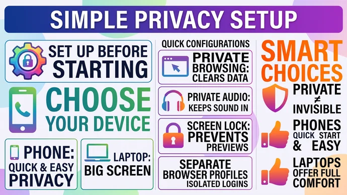 Infographic of a simple privacy setup for watching porn: phone or laptop, private browsing, headphones, screen lock and separate browser profiles