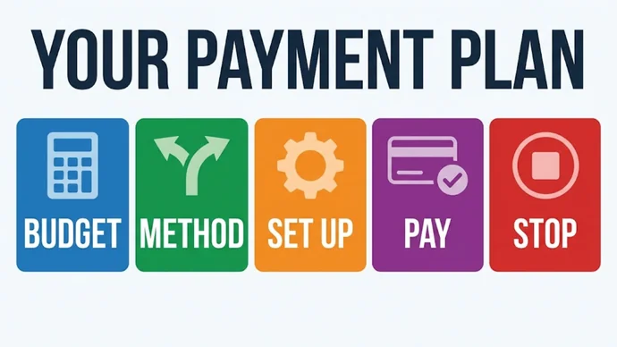 Infographic titled Your payment plan: five cards reading Budget, Method, Set up, Pay and Stop