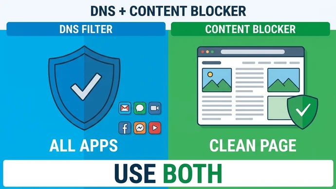 Infographic with two blocks side by side, a DNS filter that covers all apps and a content blocker that gives a clean page, and a banner that says use both