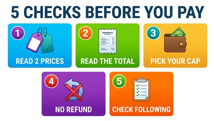 Infographic titled 5 checks before you pay: five numbered cards reading Read 2 prices, Read the total, Pick your cap, No refund and Check following