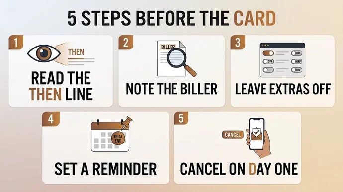 Infographic of five steps before the card: read the then line, note the biller, leave extras off, set a reminder and cancel on day one