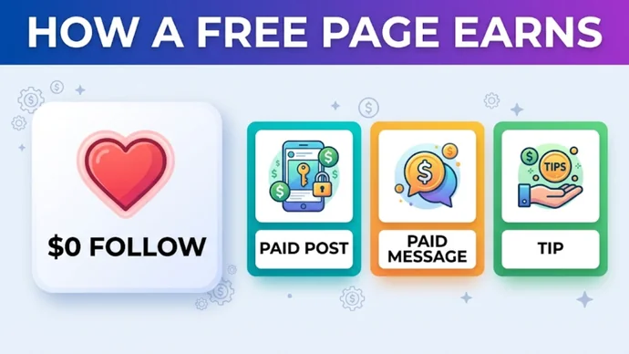Infographic titled How a free page earns: a large card reading $0 Follow next to three cards reading Paid post, Paid message and Tip