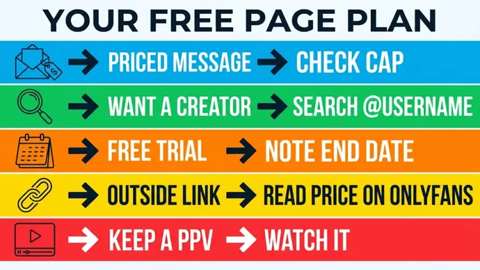 Infographic titled Your free page plan: five rows pairing priced message, want a creator, free trial, outside link and keep a PPV with one move each